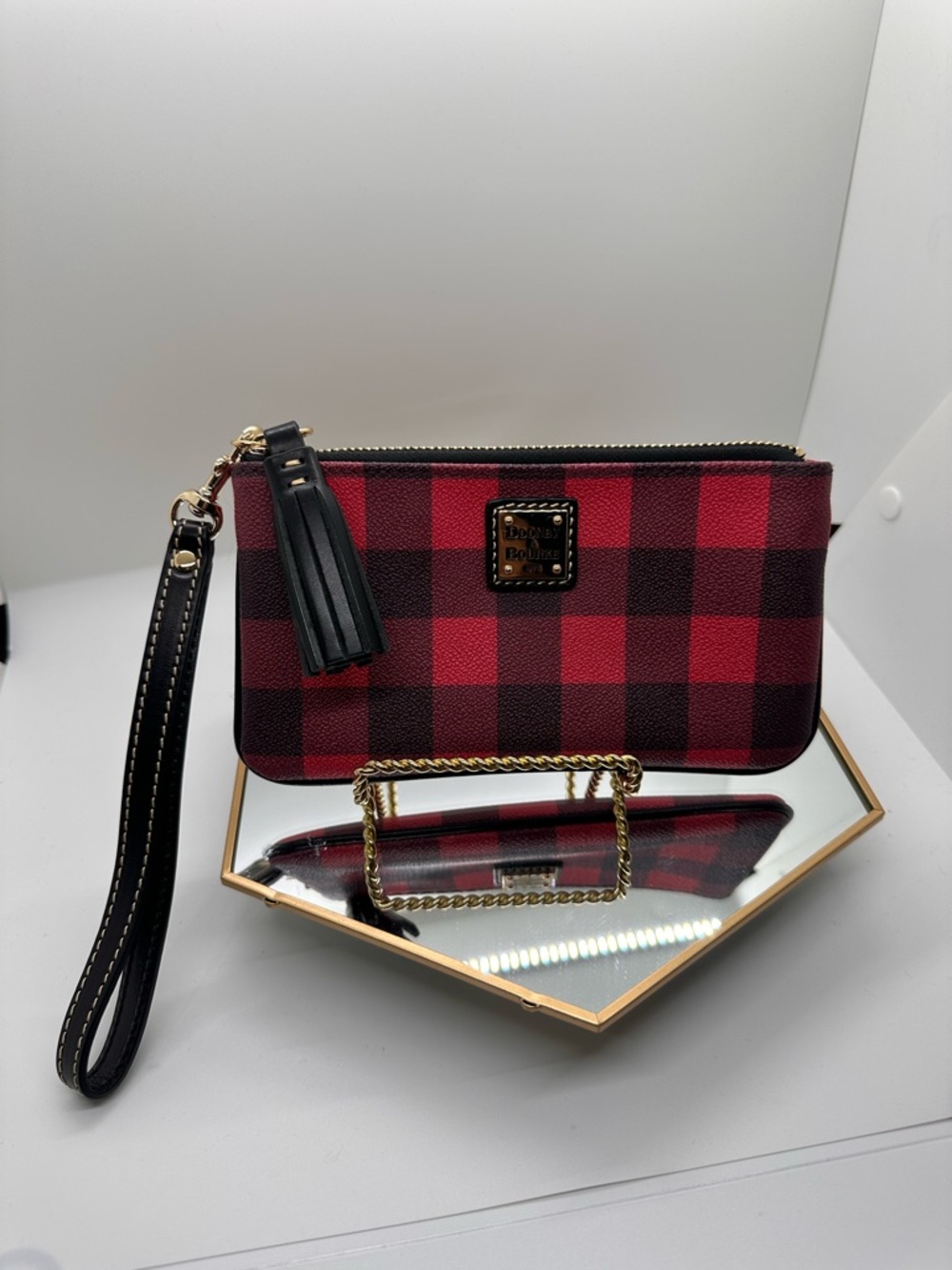 Dooney & Bourke Red and Black Plaid Wristlet with Tassel
